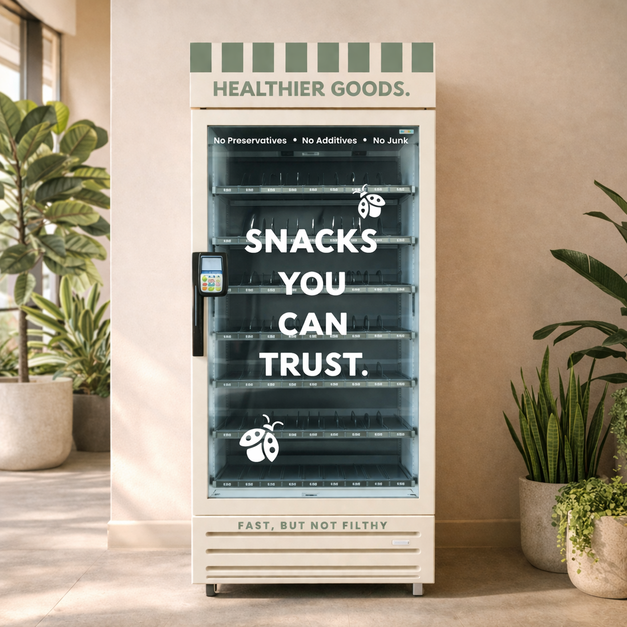 Healthier Goods vending machine stocked with curated snacks